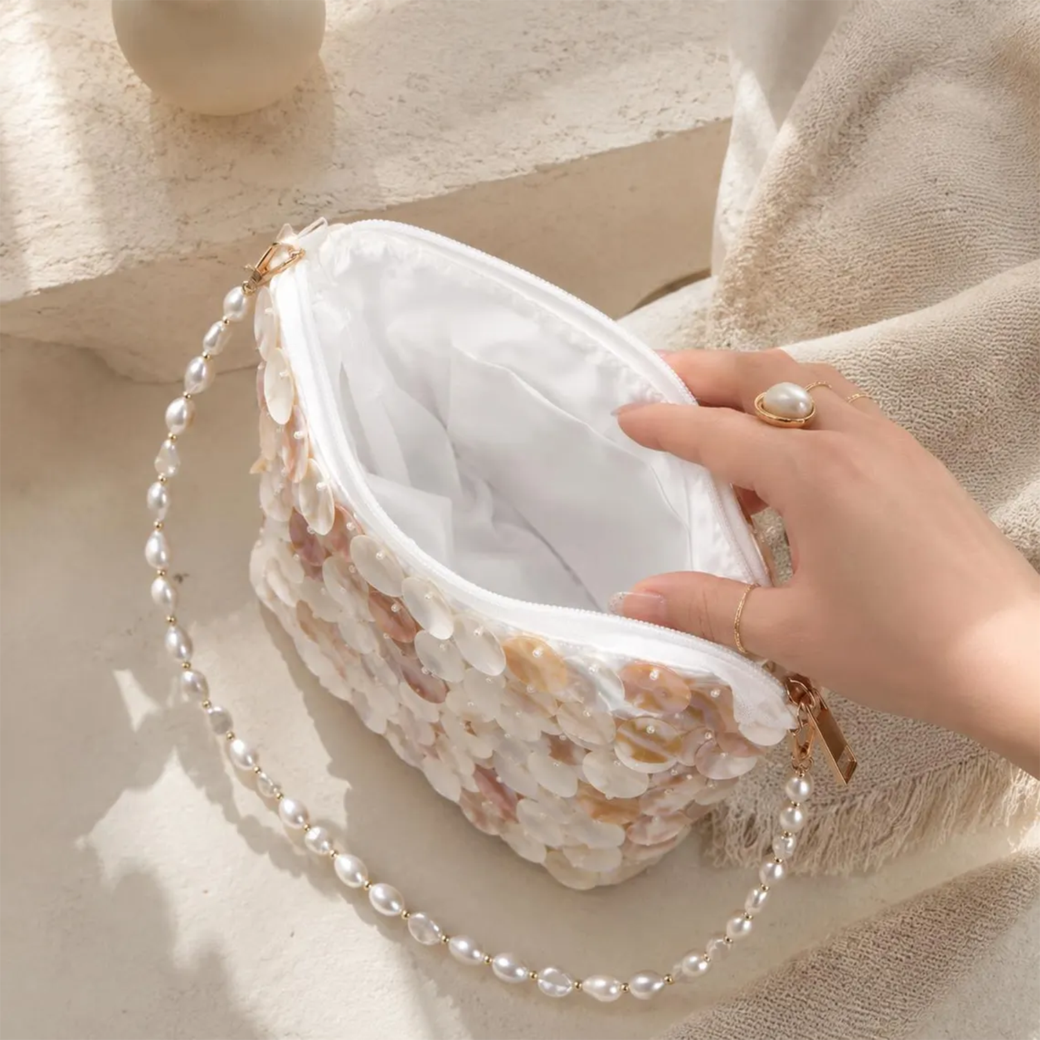 Iridescent Layered Mother-of-Pearl Shell Curved Shoulder Pouch With Continuous Oval Pearl Bead Shoulder Strap, Gold Hardware Zip Closure And Solid White Fabric Interior Lining