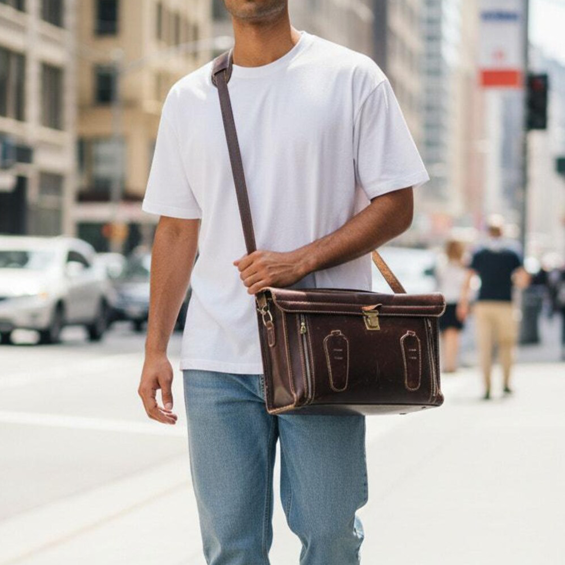 Deep Brown Aged Retro Rectangular Gear Storage Case With Metallic Flap Clasp, Dual Side Expandable Zippers, Decorative Front Stitch Tabs And Punch-Hole Woven Shoulder Carry Strap Hardware Camera Bag