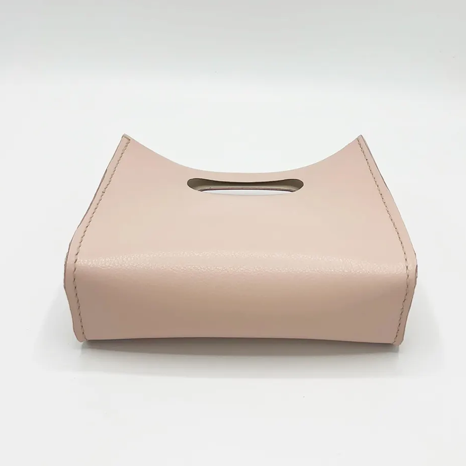 Pink Smooth Matte Curved Mini Handheld Clutch With Integrated Oval Cut-Out Grip Handle And Matching Edge Stitched Panel Detailing Handbag