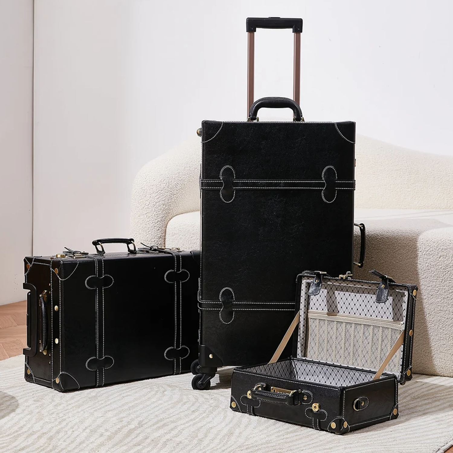 Solid Black Vintage Three-Piece Rolling Trunk Travel Set With Spinner Wheel Rolling Cases, Combination Lock Hardware, Riveted Reinforced Corners And Polka Dot Lined Mini Vanity Carry Case Suitcase