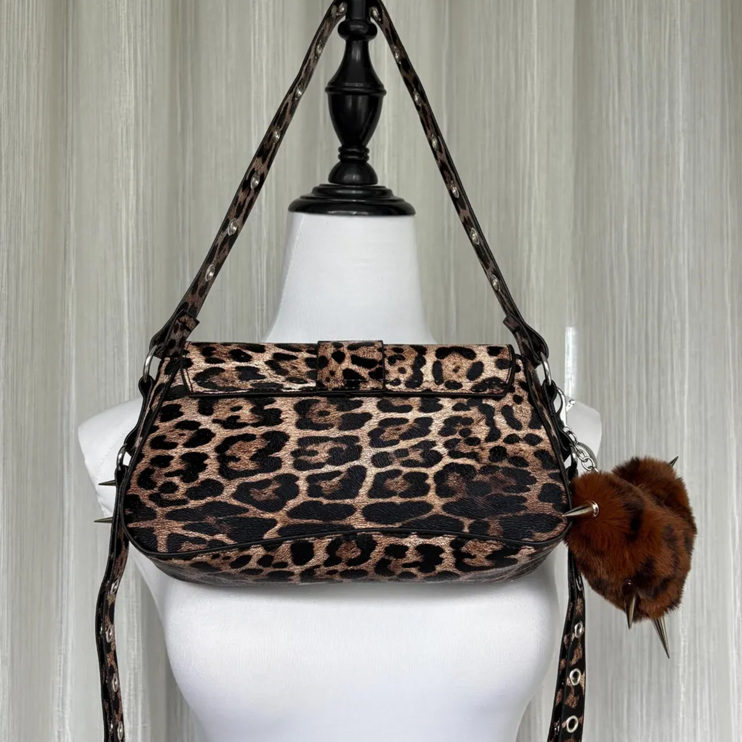 Leopard Print Slim Rectangular Studded Shoulder Bag With Multi Silver Metal Spike Spider Heart Ornament Decor, Matching Eyelet Shoulder Strap And Detachable Plush Pom-Pom Charm