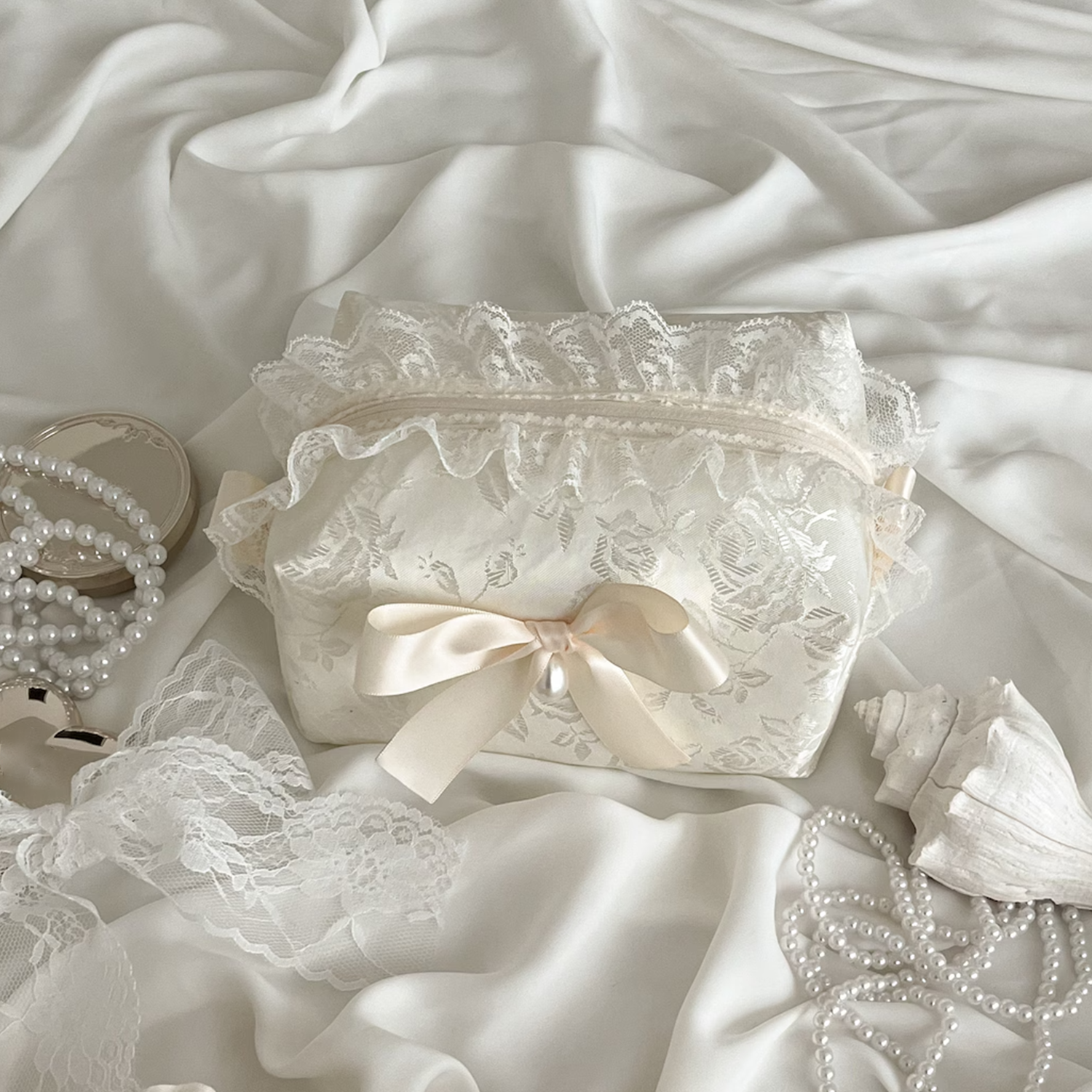 Ivory Embossed Floral Rectangular Vanity Pouch With Scalloped Lace Ruffle Trim, Cream Satin Pearl Accent Bow And Full-Length Fabric Zip Closure Handbag