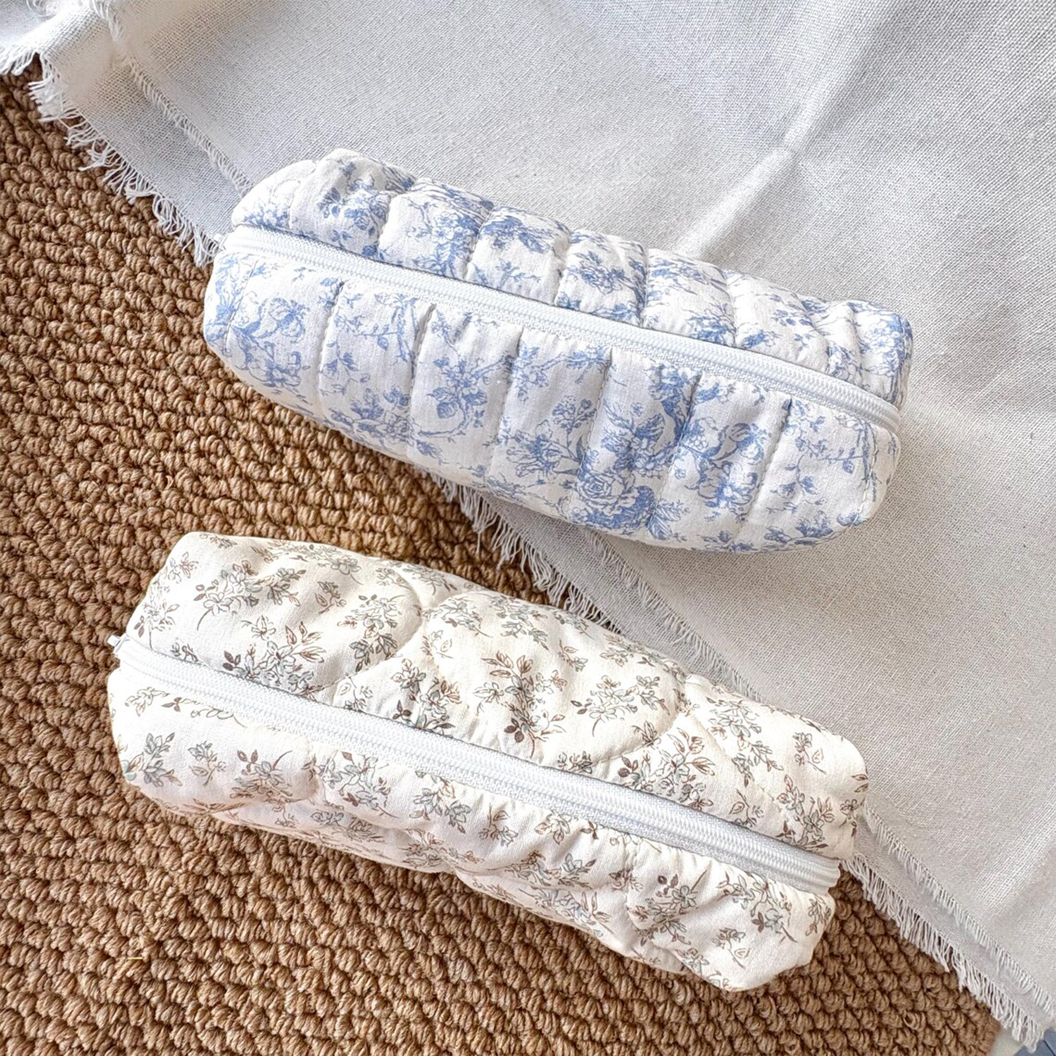 Vintage Floral Quilted Elongated Storage Pouch With Full-Length White Zip Closure And Pink Rose Pattern Interior Lining