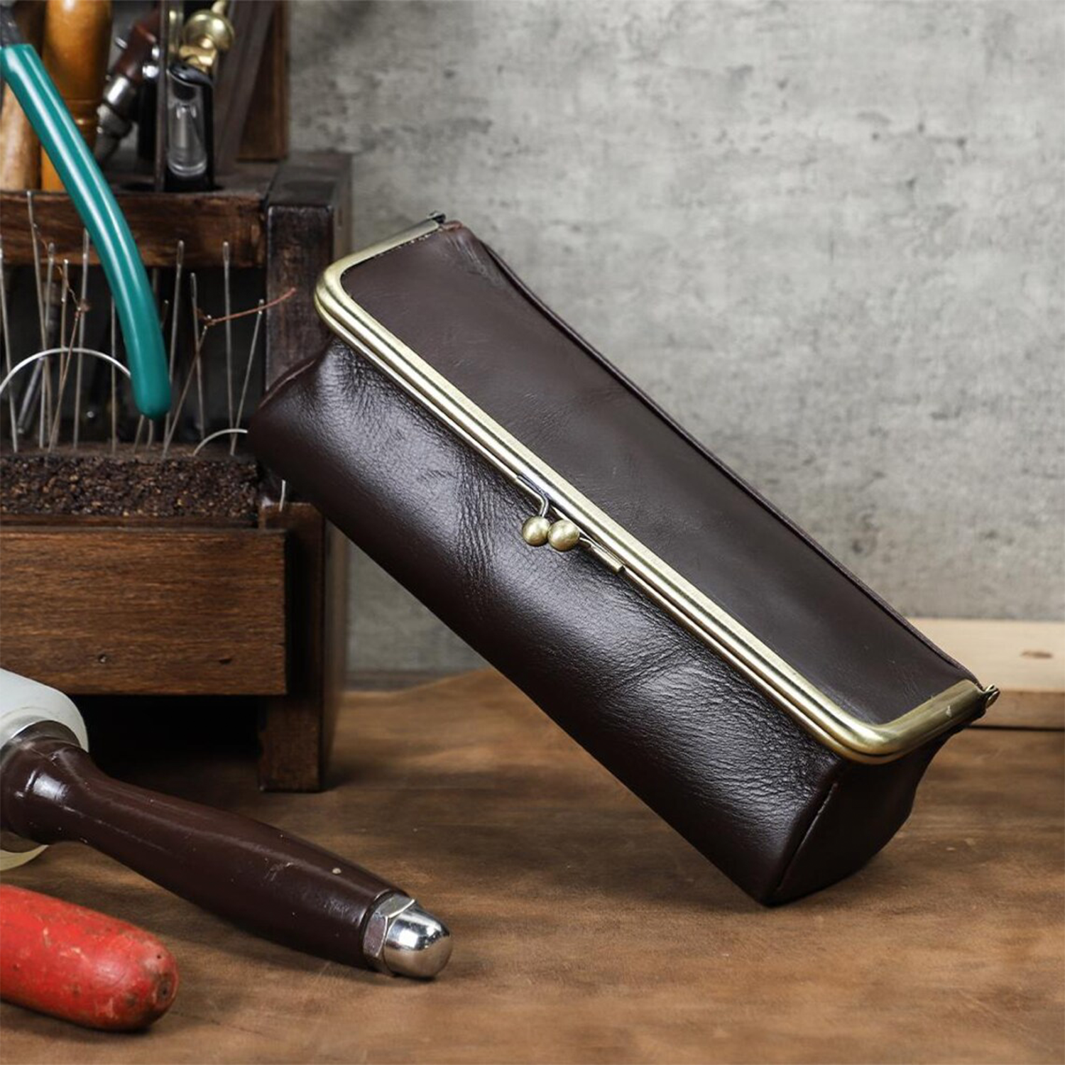 Deep Brown Grain Leather Elongated Kiss-Lock Storage Pouch With Antique Brass Full Frame Trim, Dual-Ball Metal Clasp And Elastic Interior Divider Loop