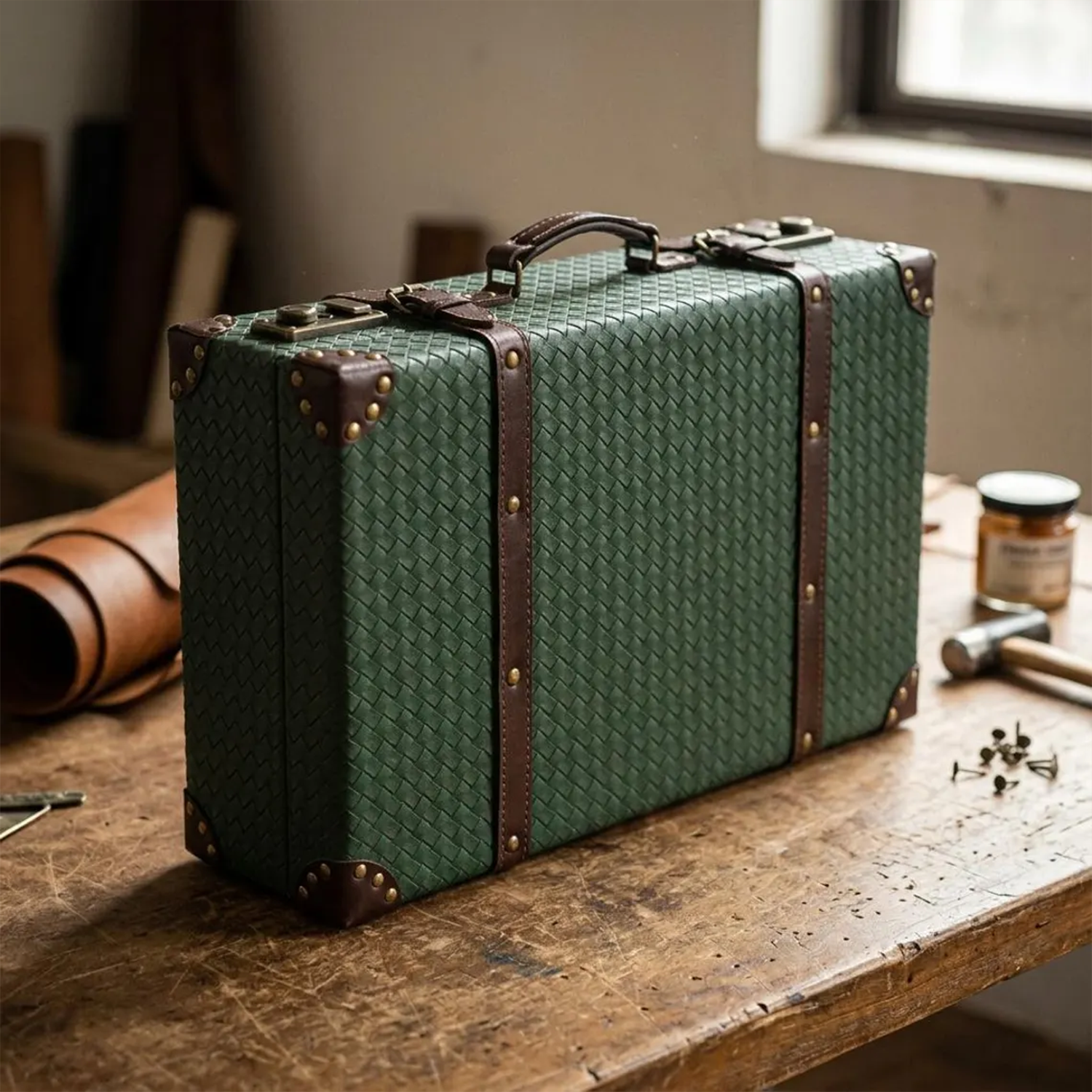 Embossed Woven Grid Retro Slim Storage Trunk With Riveted Reinforced Trim Bands, Antique Dual Latch Hardware And Integrated Curved Top Grip Handle Suitcase