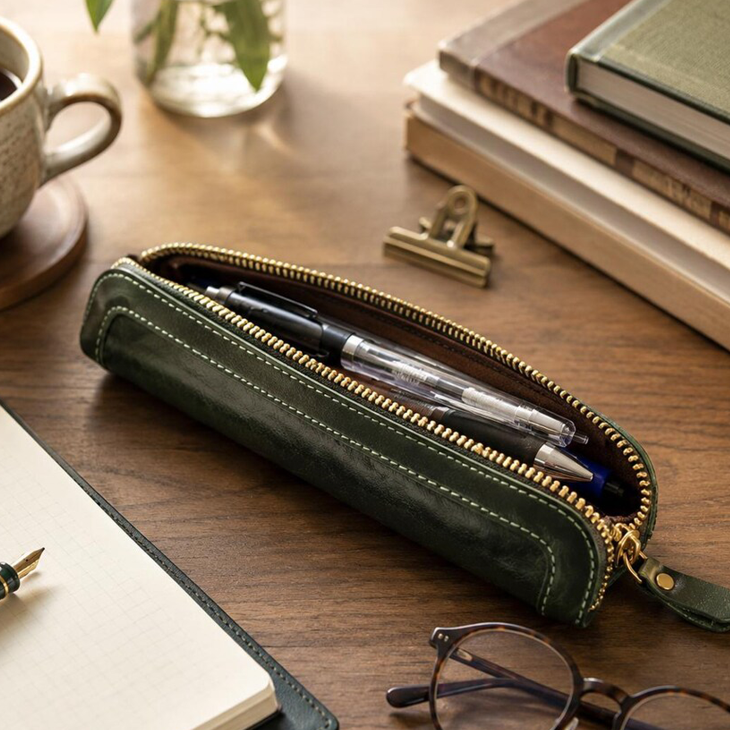 Slim Elongated Stationery Sleeve With Contrast Hand Stitched Edging, Full-Length Brass Zip Closure And Soft Fuzzy Interior Lining For Writing Tool Storage