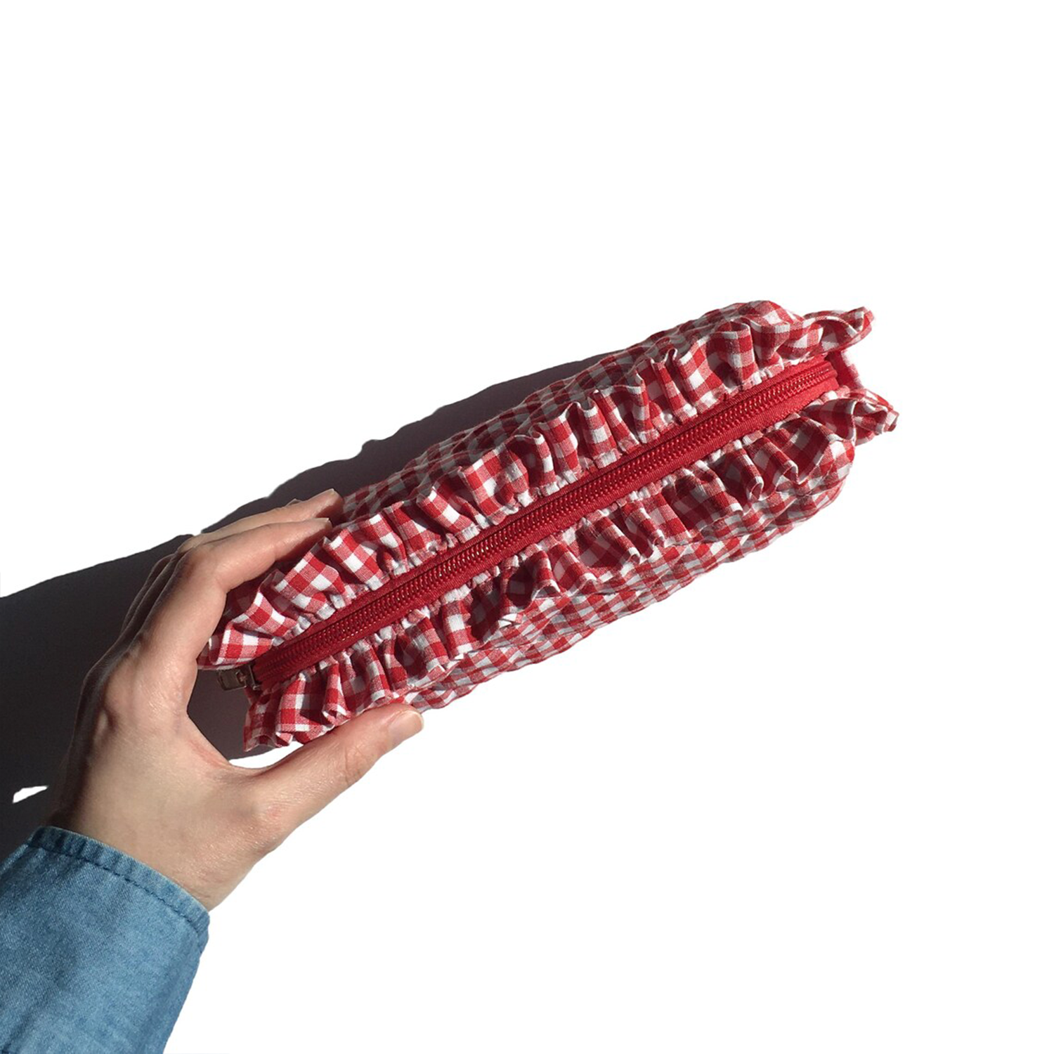 Red White Gingham Diamond Quilted Elongated Storage Pouch With Continuous Frilly Ruffle Trim And Matching Full-Length Fabric Zip Closure
