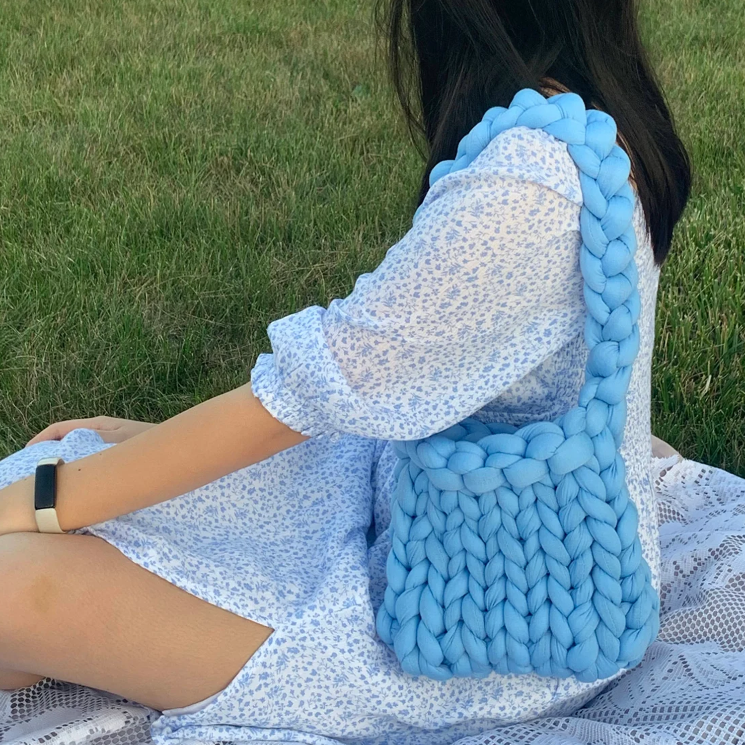 Sky Blue Oversized Puffy Tube Yarn Braided Rectangular Shoulder Pouch With Integrated Giant Matching Braided Loop Shoulder Strap