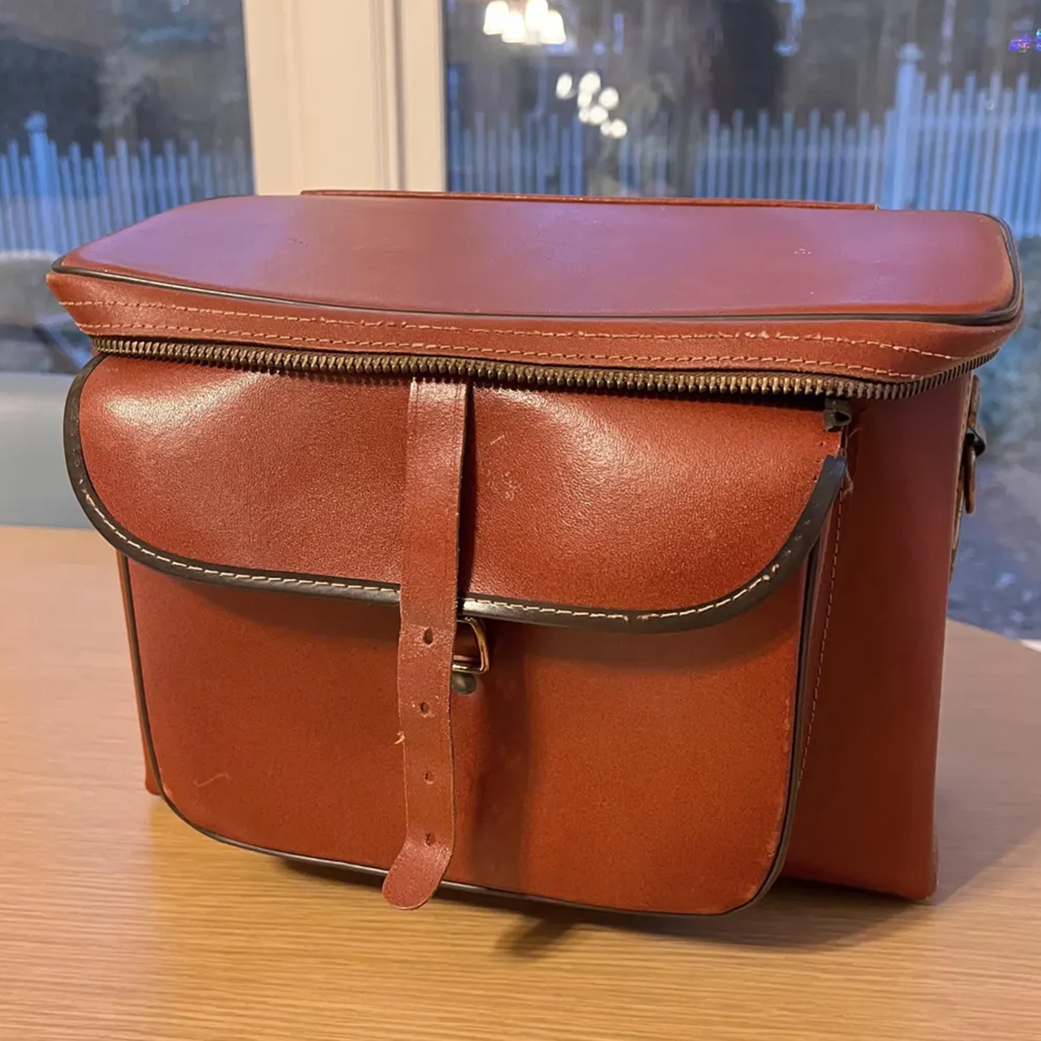 Warm Caramel Brown Vintage Rectangular Utility Storage Case With Full-Width Antique Zip Top, Buckle Fastened Front Pouch And Protective Metal Base Feet Hardware Camera Bag