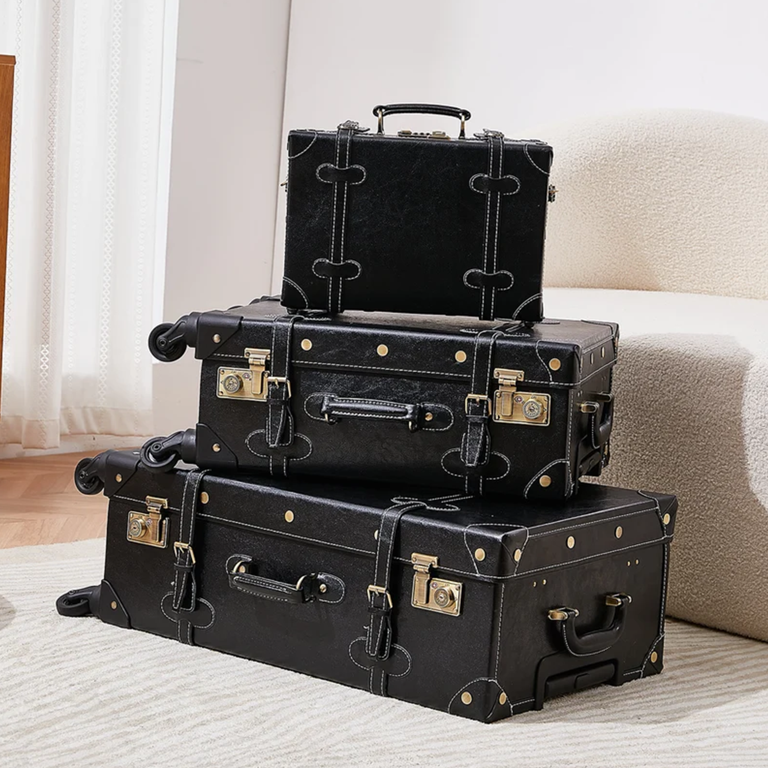 Solid Black Vintage Three-Piece Rolling Trunk Travel Set With Spinner Wheel Rolling Cases, Combination Lock Hardware, Riveted Reinforced Corners And Polka Dot Lined Mini Vanity Carry Case Suitcase