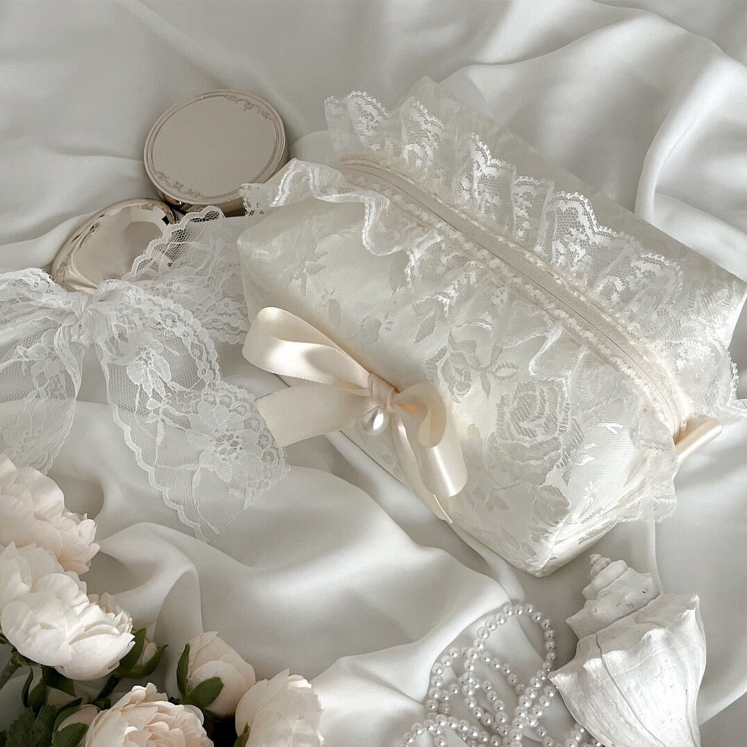 Ivory Embossed Floral Rectangular Vanity Pouch With Scalloped Lace Ruffle Trim, Cream Satin Pearl Accent Bow And Full-Length Fabric Zip Closure Handbag