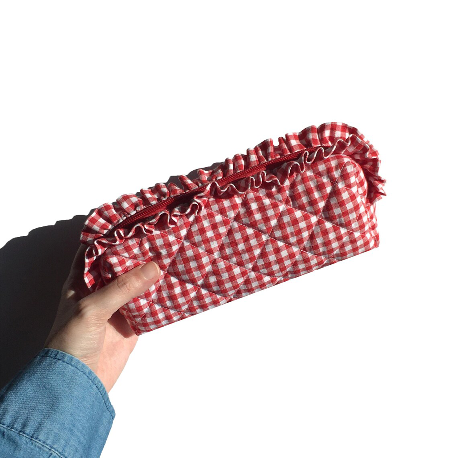 Red White Gingham Diamond Quilted Elongated Storage Pouch With Continuous Frilly Ruffle Trim And Matching Full-Length Fabric Zip Closure