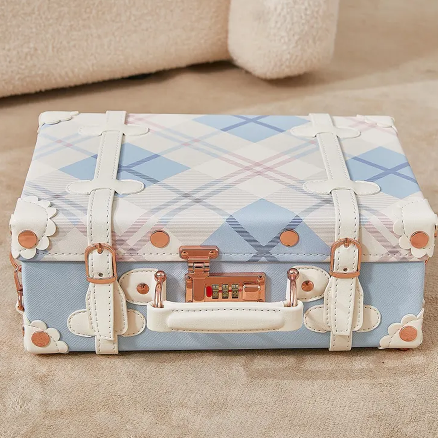 Shell Mini Trunk Carry Case With Geometric Chevron & Pastel Plaid Print Options, Digit Combination Lock, Protective Corner Caps And Detachable Trim Shoulder Carry Strap Hardware Suitcase