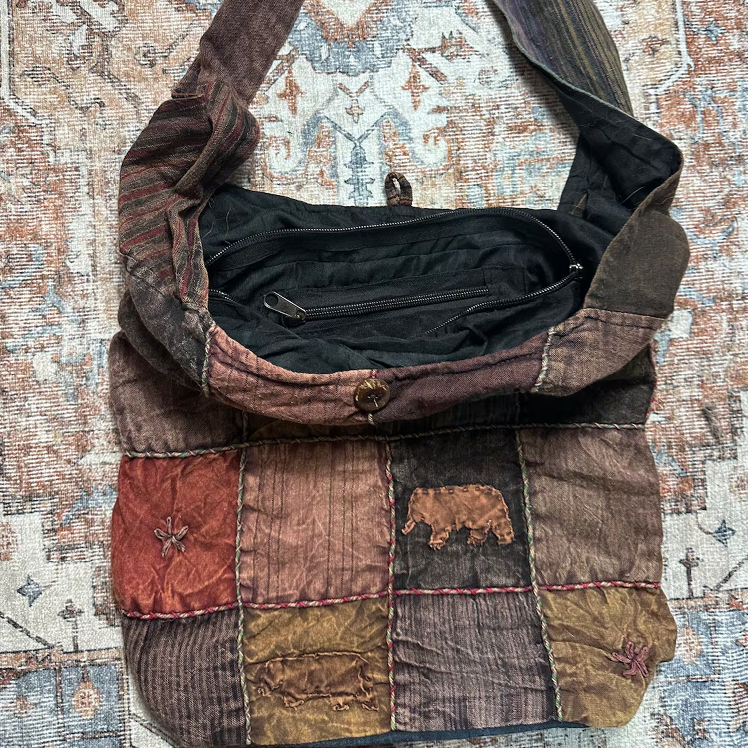 Earthy Vintage Fabric Patchwork Slouch Shoulder Tote With Embroidered Appliqué Panel Detailing, Knotted Fabric Shoulder Strap, Toggle Closure And Dual Inner Zipper Compartments