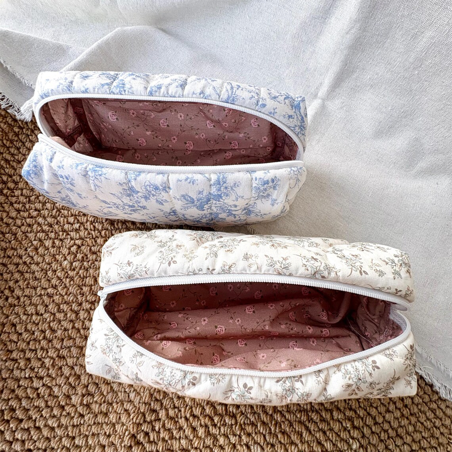 Vintage Floral Quilted Elongated Storage Pouch With Full-Length White Zip Closure And Pink Rose Pattern Interior Lining