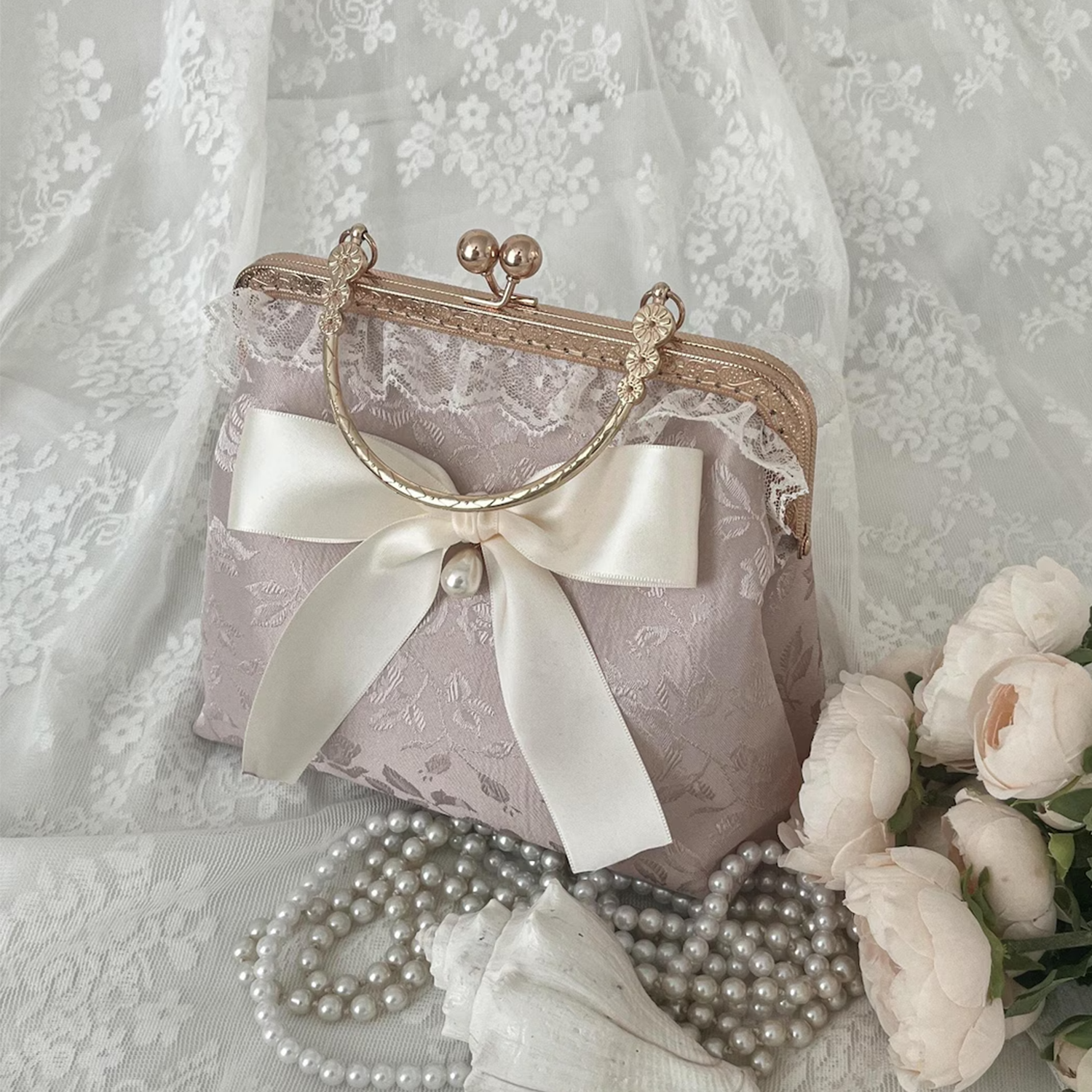 Champagne Floral Jacquard Kiss-Lock Frame Handheld Clutch With Ruffled Lace Trim, Cream Satin Pearl Accent Bow And Engraved Golden Metal Top Handle Hardware Handbag