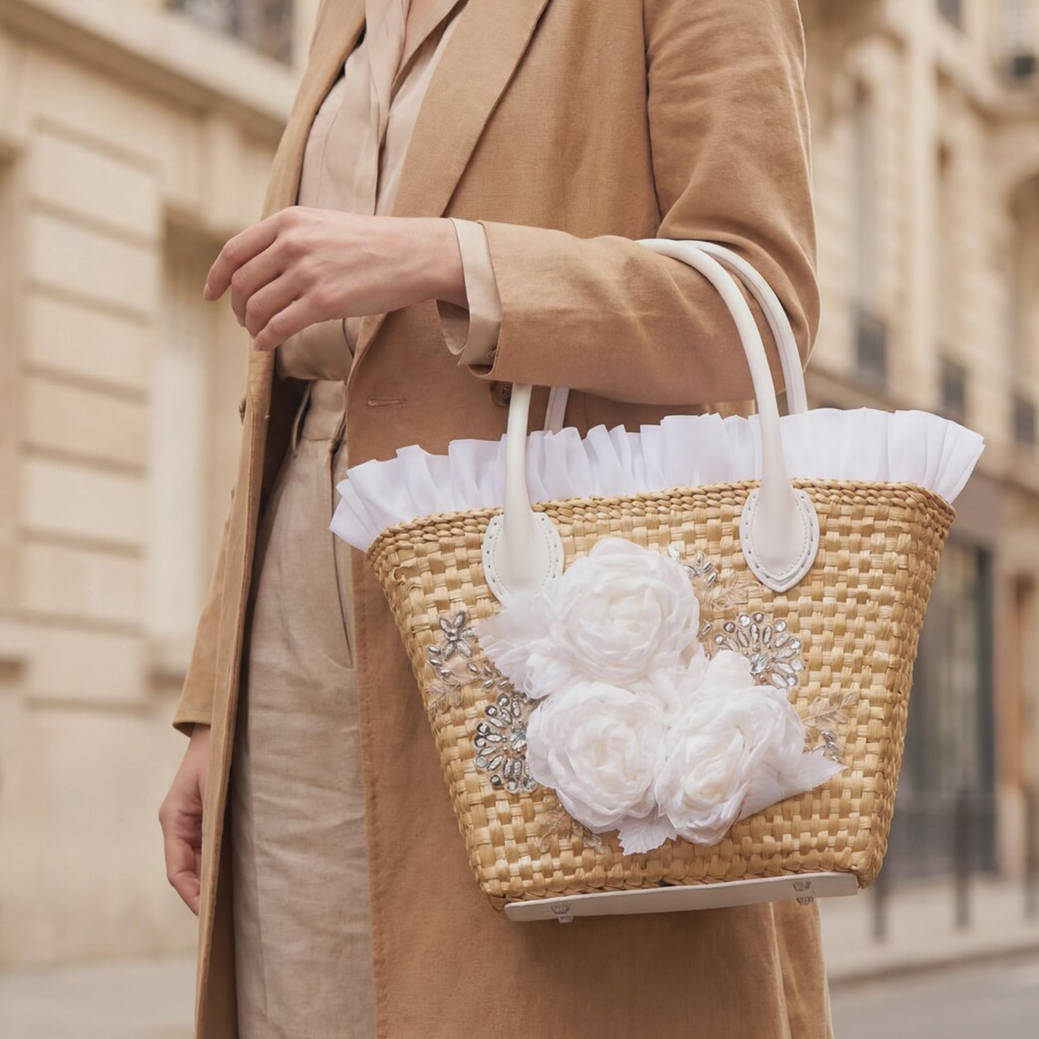 Natural Beige Woven Straw Trapezoidal Hand Tote With Sheer White Floral Rhinestone Front Appliqué, Frilly Rim Trim And Removable Drawstring Fabric Liner