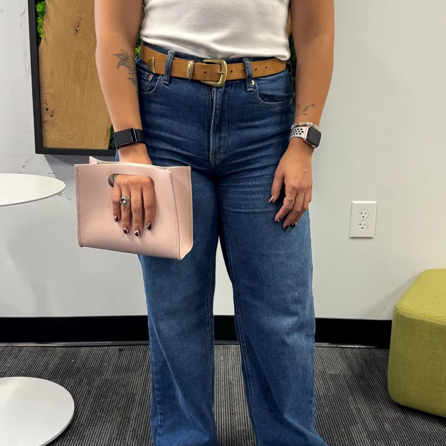 Pink Smooth Matte Curved Mini Handheld Clutch With Integrated Oval Cut-Out Grip Handle And Matching Edge Stitched Panel Detailing Handbag