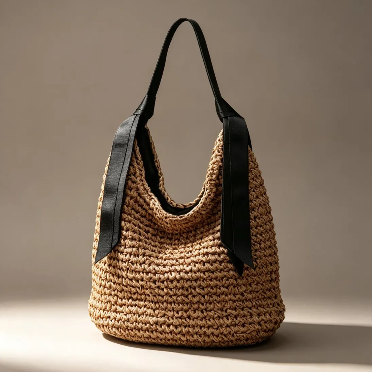 Natural Raffia Woven Slouch Bucket Shoulder Tote With Dual Satin Ribbon Strap Color Options, Decorative Streamer Accents And Full-Zip Fabric Interior Liner