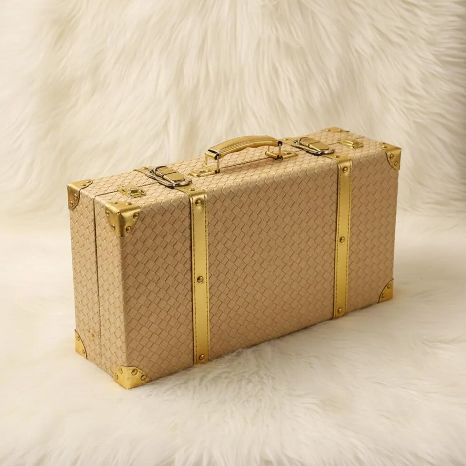 Embossed Woven Grid Retro Slim Storage Trunk With Riveted Reinforced Trim Bands, Antique Dual Latch Hardware And Integrated Curved Top Grip Handle Suitcase
