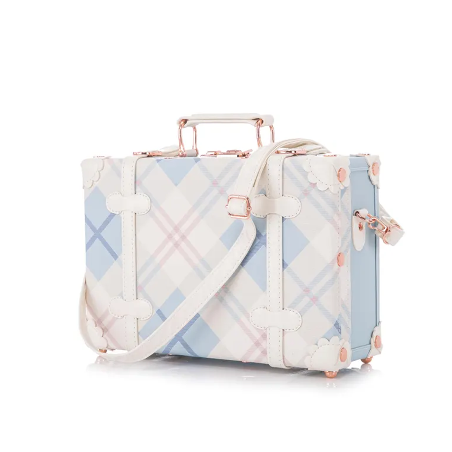 Shell Mini Trunk Carry Case With Geometric Chevron & Pastel Plaid Print Options, Digit Combination Lock, Protective Corner Caps And Detachable Trim Shoulder Carry Strap Hardware Suitcase