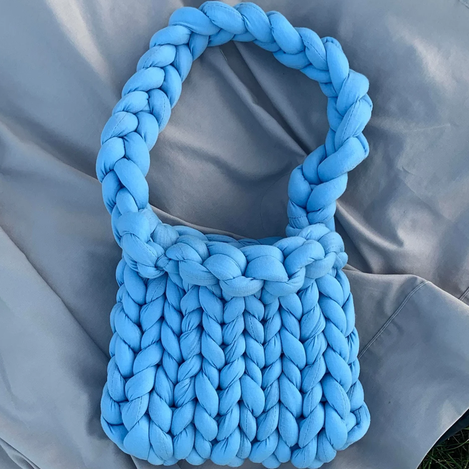 Sky Blue Oversized Puffy Tube Yarn Braided Rectangular Shoulder Pouch With Integrated Giant Matching Braided Loop Shoulder Strap