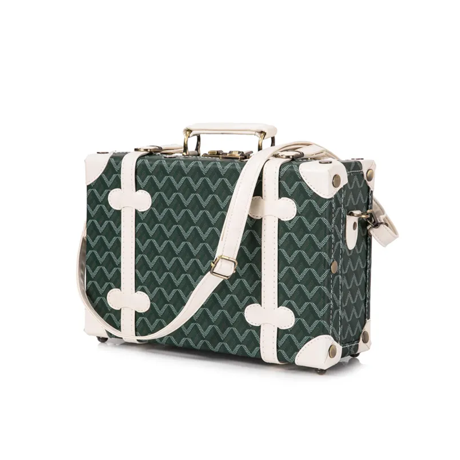 Shell Mini Trunk Carry Case With Geometric Chevron & Pastel Plaid Print Options, Digit Combination Lock, Protective Corner Caps And Detachable Trim Shoulder Carry Strap Hardware Suitcase