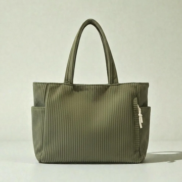 Vertical Ribbed Corduroy Rectangular Shoulder Tote With Dual Side Slip Pockets, Fabric Drawstring Zip Compartment And Integrated Matching Wide Fabric Top Handles
