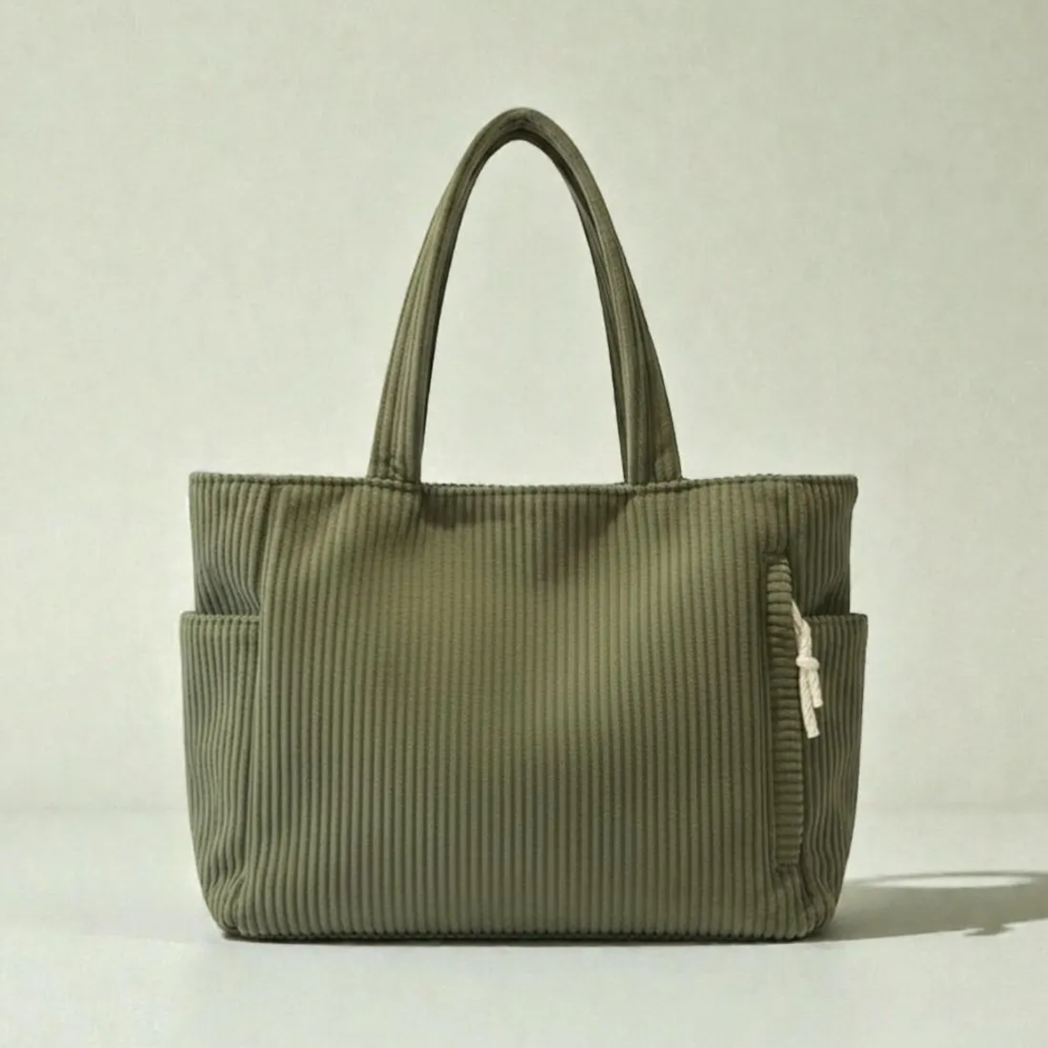 Vertical Ribbed Corduroy Rectangular Shoulder Tote With Dual Side Slip Pockets, Fabric Drawstring Zip Compartment And Integrated Matching Wide Fabric Top Handles