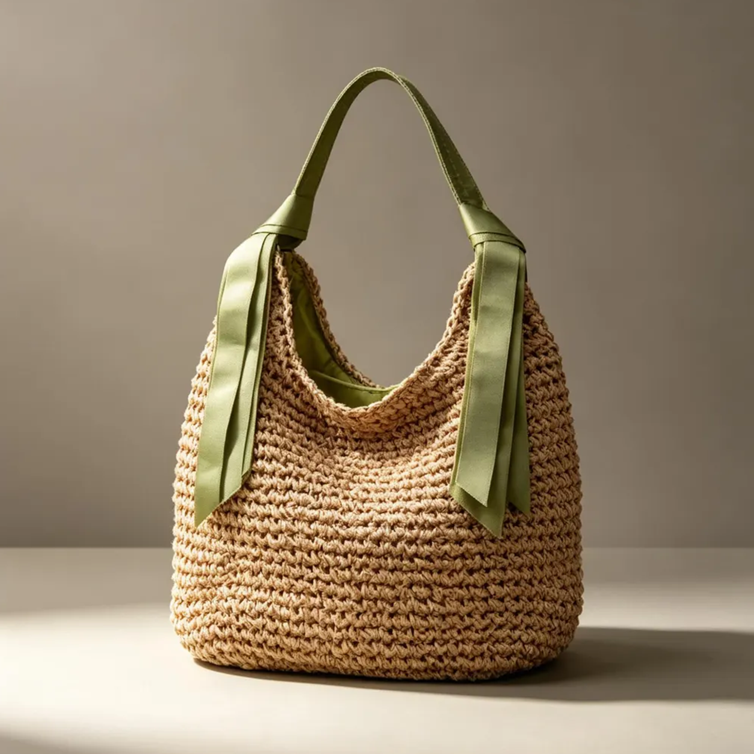 Natural Raffia Woven Slouch Bucket Shoulder Tote With Dual Satin Ribbon Strap Color Options, Decorative Streamer Accents And Full-Zip Fabric Interior Liner