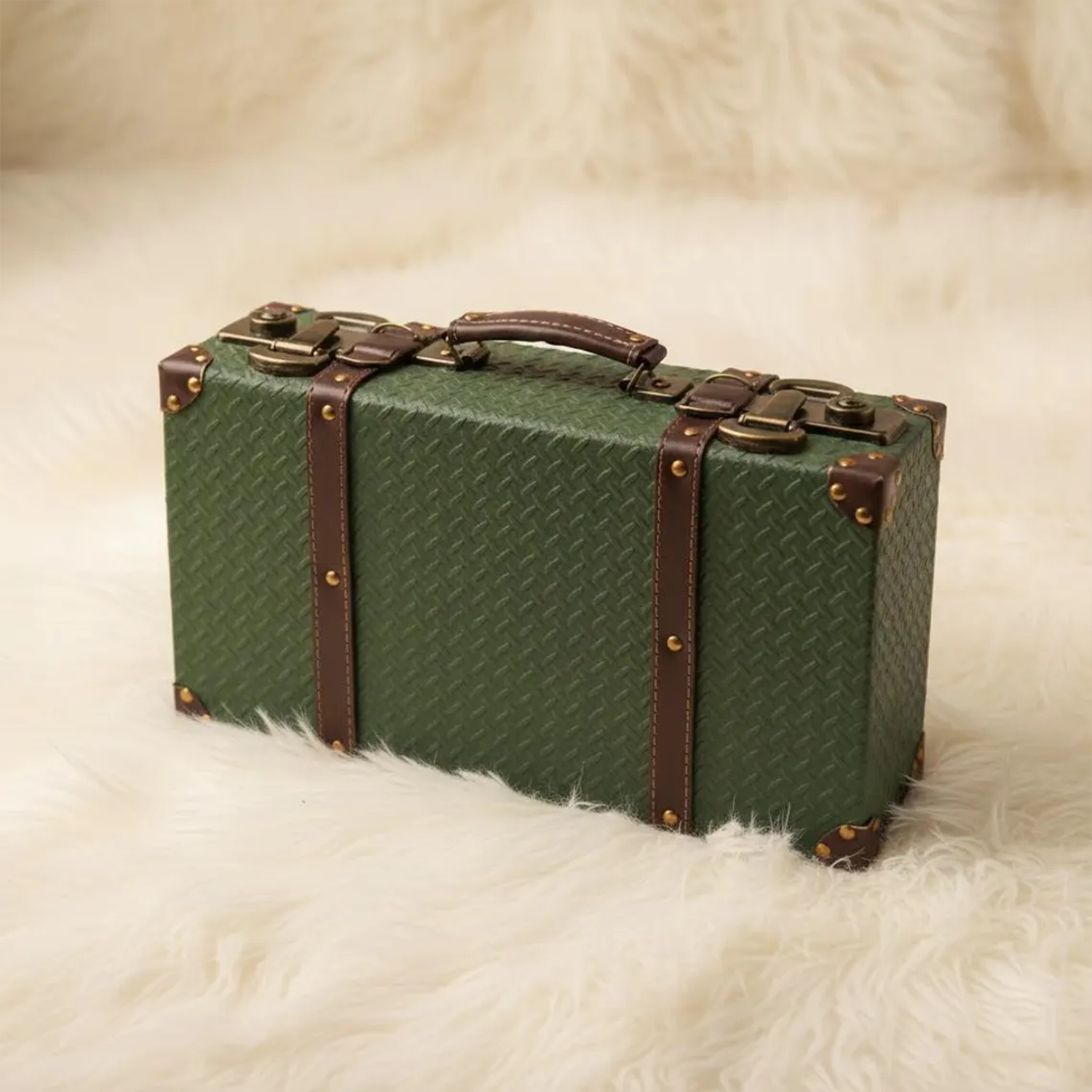 Embossed Woven Grid Retro Slim Storage Trunk With Riveted Reinforced Trim Bands, Antique Dual Latch Hardware And Integrated Curved Top Grip Handle Suitcase