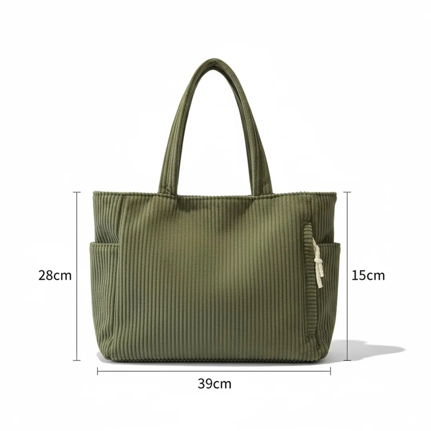 Vertical Ribbed Corduroy Rectangular Shoulder Tote With Dual Side Slip Pockets, Fabric Drawstring Zip Compartment And Integrated Matching Wide Fabric Top Handles