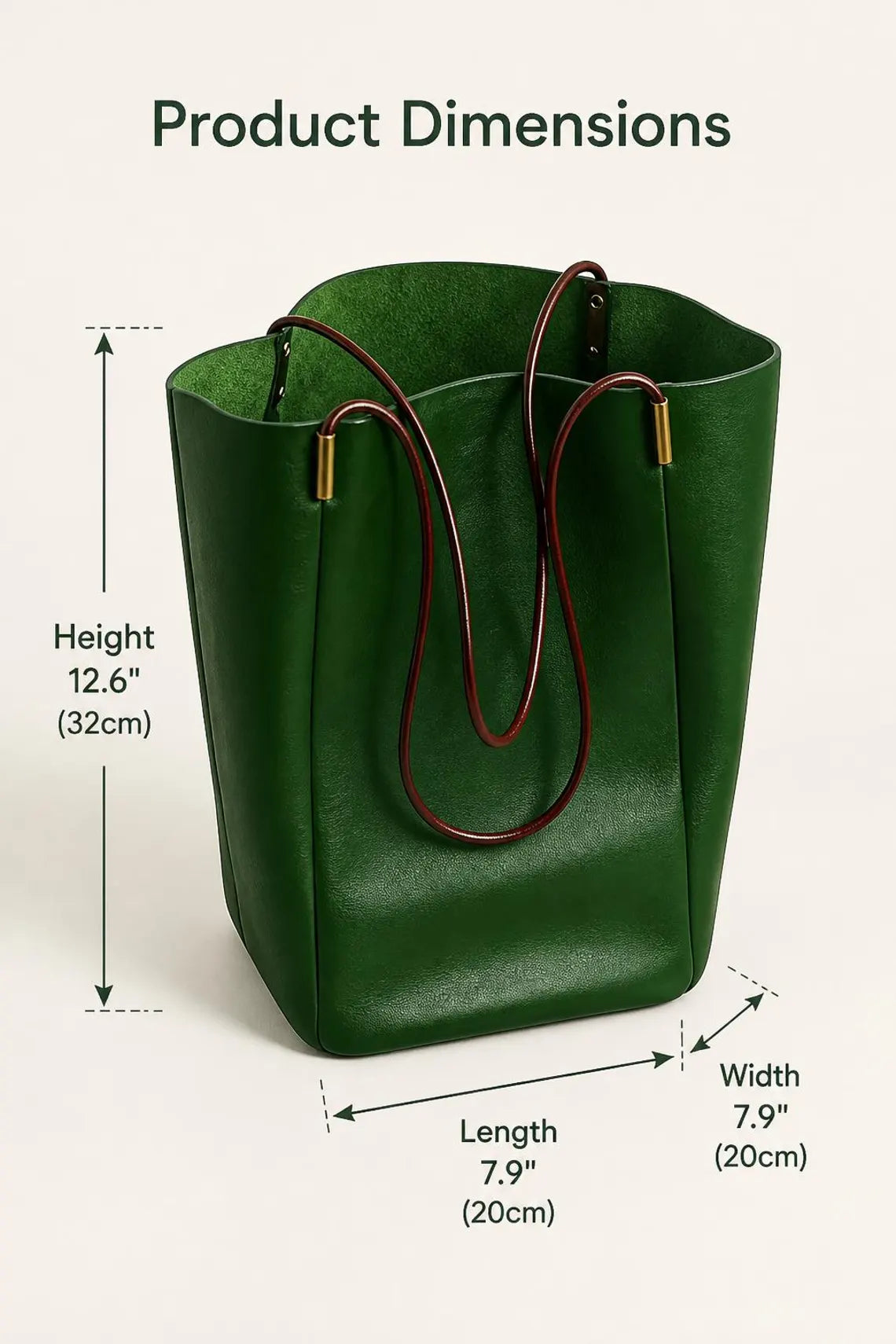 Forest Green Glossy Vertical Bucket Shoulder Tote With Contrast Burgundy Cord Loop Straps, Gold Tube Metal End Caps And Large Unpartitioned Open Storage Cavity