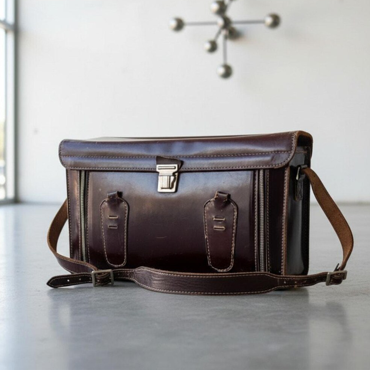 Deep Brown Aged Retro Rectangular Gear Storage Case With Metallic Flap Clasp, Dual Side Expandable Zippers, Decorative Front Stitch Tabs And Punch-Hole Woven Shoulder Carry Strap Hardware Camera Bag