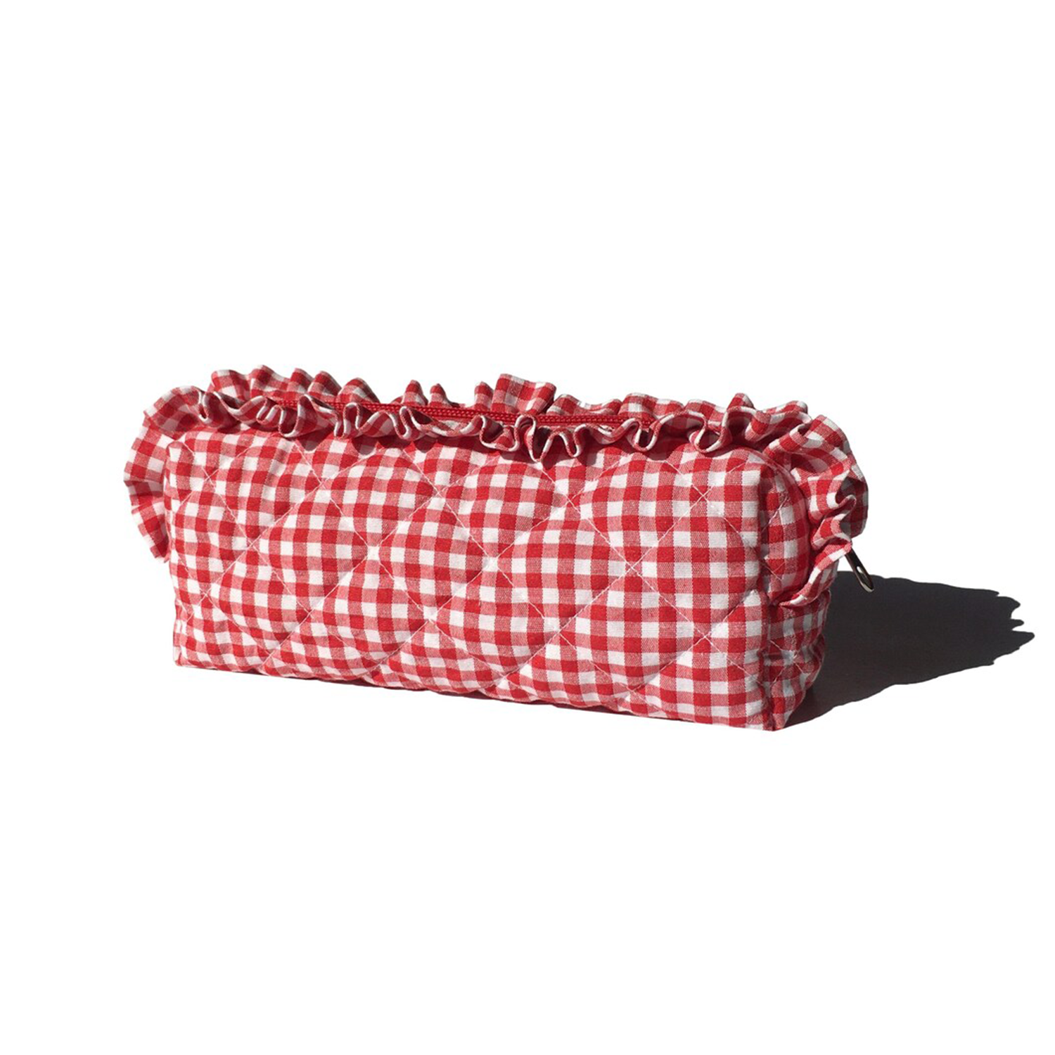 Red White Gingham Diamond Quilted Elongated Storage Pouch With Continuous Frilly Ruffle Trim And Matching Full-Length Fabric Zip Closure