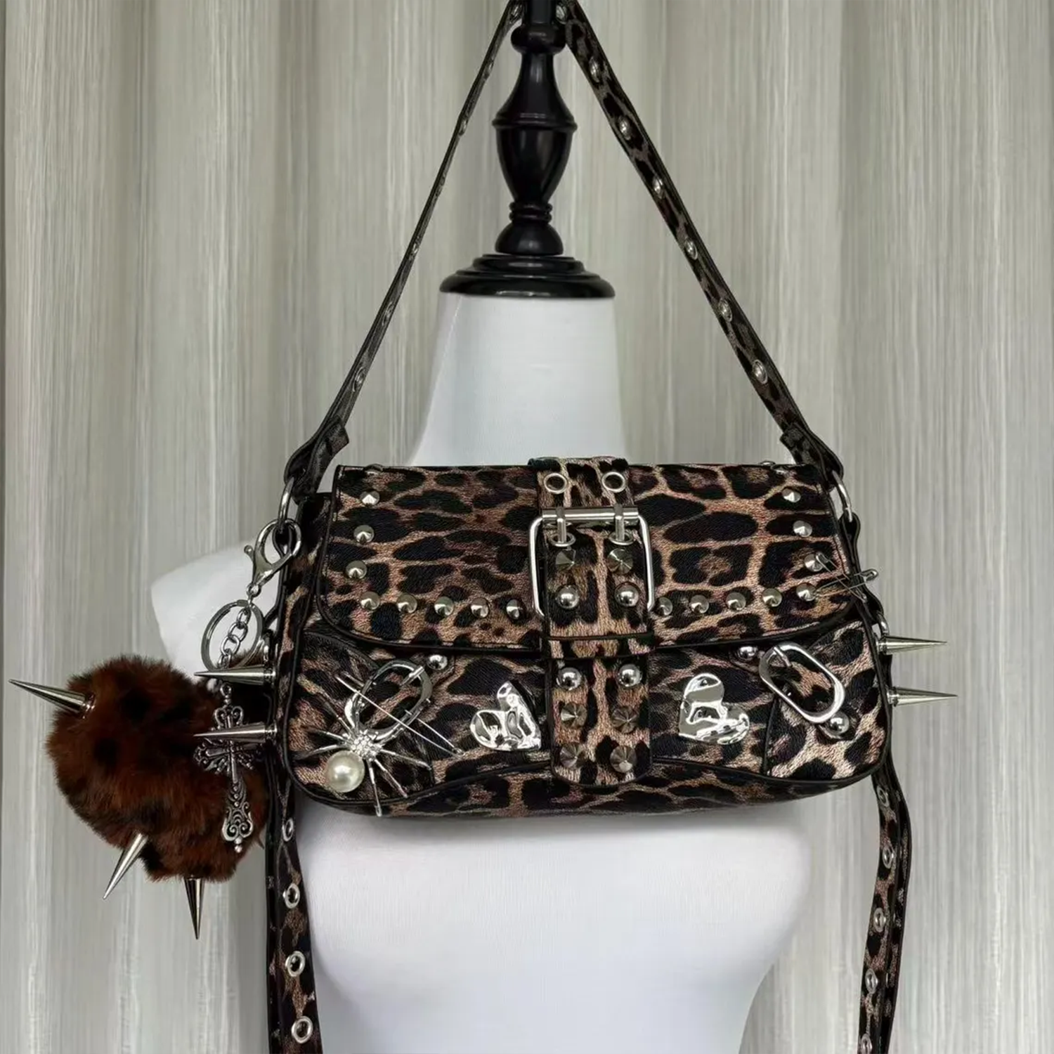 Leopard Print Slim Rectangular Studded Shoulder Bag With Multi Silver Metal Spike Spider Heart Ornament Decor, Matching Eyelet Shoulder Strap And Detachable Plush Pom-Pom Charm