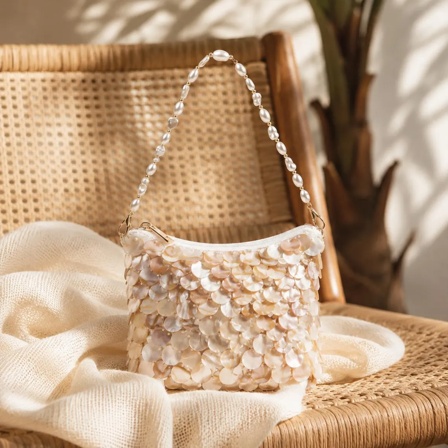 Iridescent Layered Mother-of-Pearl Shell Curved Shoulder Pouch With Continuous Oval Pearl Bead Shoulder Strap, Gold Hardware Zip Closure And Solid White Fabric Interior Lining