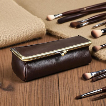Deep Brown Grain Leather Elongated Kiss-Lock Storage Pouch With Antique Brass Full Frame Trim, Dual-Ball Metal Clasp And Elastic Interior Divider Loop
