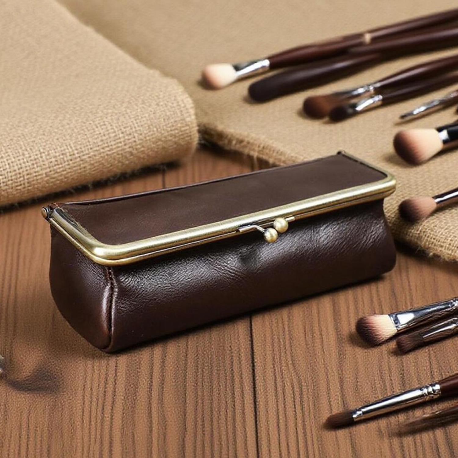 Deep Brown Grain Leather Elongated Kiss-Lock Storage Pouch With Antique Brass Full Frame Trim, Dual-Ball Metal Clasp And Elastic Interior Divider Loop