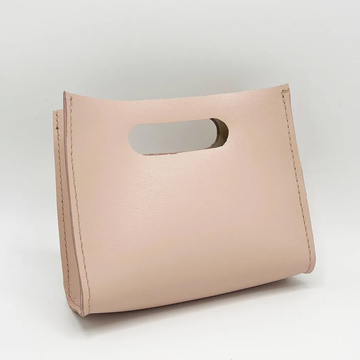 Pink Smooth Matte Curved Mini Handheld Clutch With Integrated Oval Cut-Out Grip Handle And Matching Edge Stitched Panel Detailing Handbag