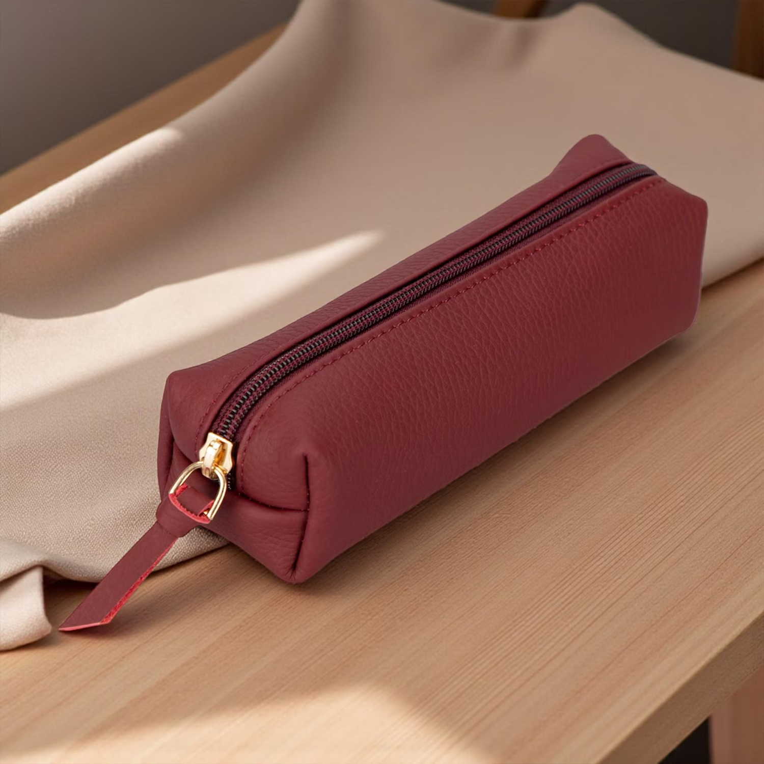 Burgundy Pebbled Textured Elongated Stationery Pouch With Full-Length Gold-Tone Zip Closure, Fabric Pull Tab And Folded Rounded End Cap Silhouette