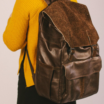 Brown Grained Textured Flap Backpack With Removable Modular Interior Dividers, Wide Front Slip Pocket And Integrated Top Grip Handle Hardware Camera Bag