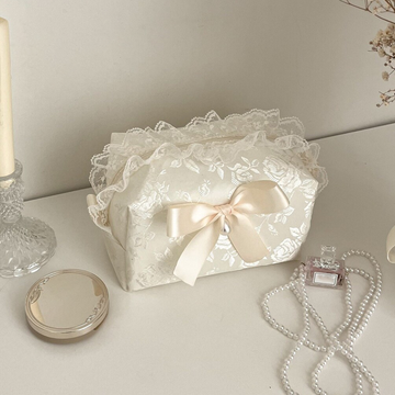 Ivory Embossed Floral Rectangular Vanity Pouch With Scalloped Lace Ruffle Trim, Cream Satin Pearl Accent Bow And Full-Length Fabric Zip Closure Handbag