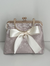 Champagne Floral Jacquard Kiss-Lock Frame Handheld Clutch With Ruffled Lace Trim, Cream Satin Pearl Accent Bow And Engraved Golden Metal Top Handle Hardware Handbag
