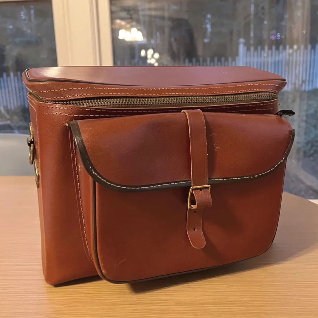 Warm Caramel Brown Vintage Rectangular Utility Storage Case With Full-Width Antique Zip Top, Buckle Fastened Front Pouch And Protective Metal Base Feet Hardware Camera Bag